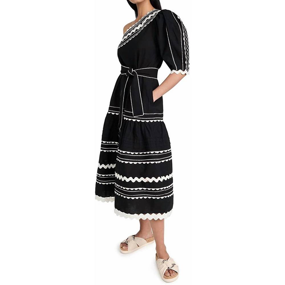 NEW SEA ryleigh rickrack one shoulder midi dress in black - Picture 2 of 3